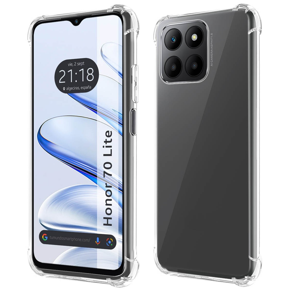 Custodia per telefono con cornice trasparente e telefono con area fotocamera nera. Il telefono mostra l'ora e il luogo.
