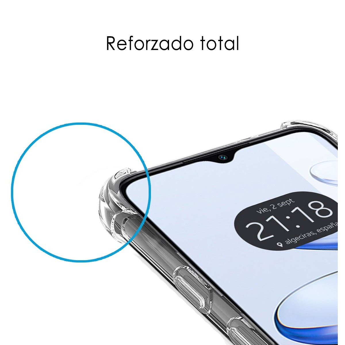 Schermo del telefono con ora e luogo. Testo 'Reforzado total' sopra lo schermo.