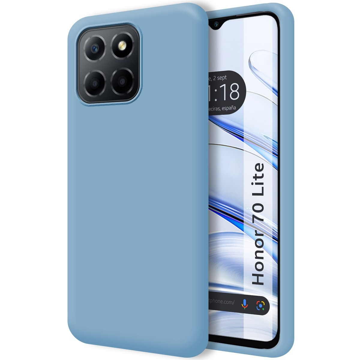 Custodia per telefono azzurra. Il telefono mostra l'ora, la data e ha scritto Honor 70 Lite.
