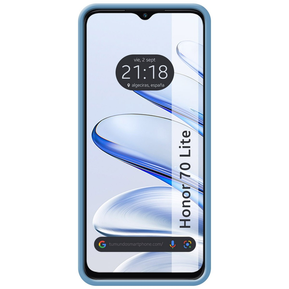 Custodia per telefono con cornice blu. Lo schermo del telefono mostra l'ora e il luogo.