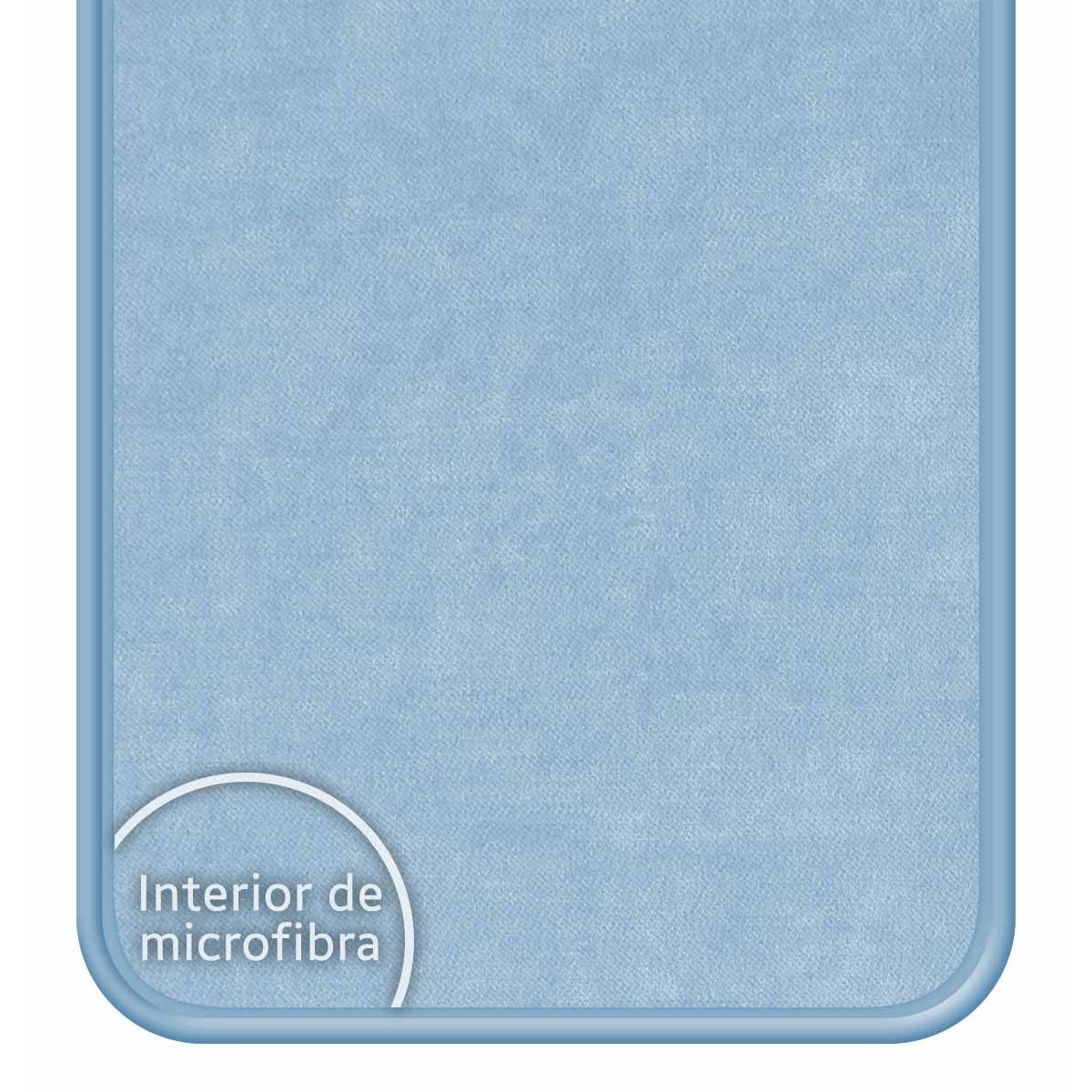 Una funda de teléfono interior de microfibra azul claro lisa. El texto 'Interior de microfibra' es visible.