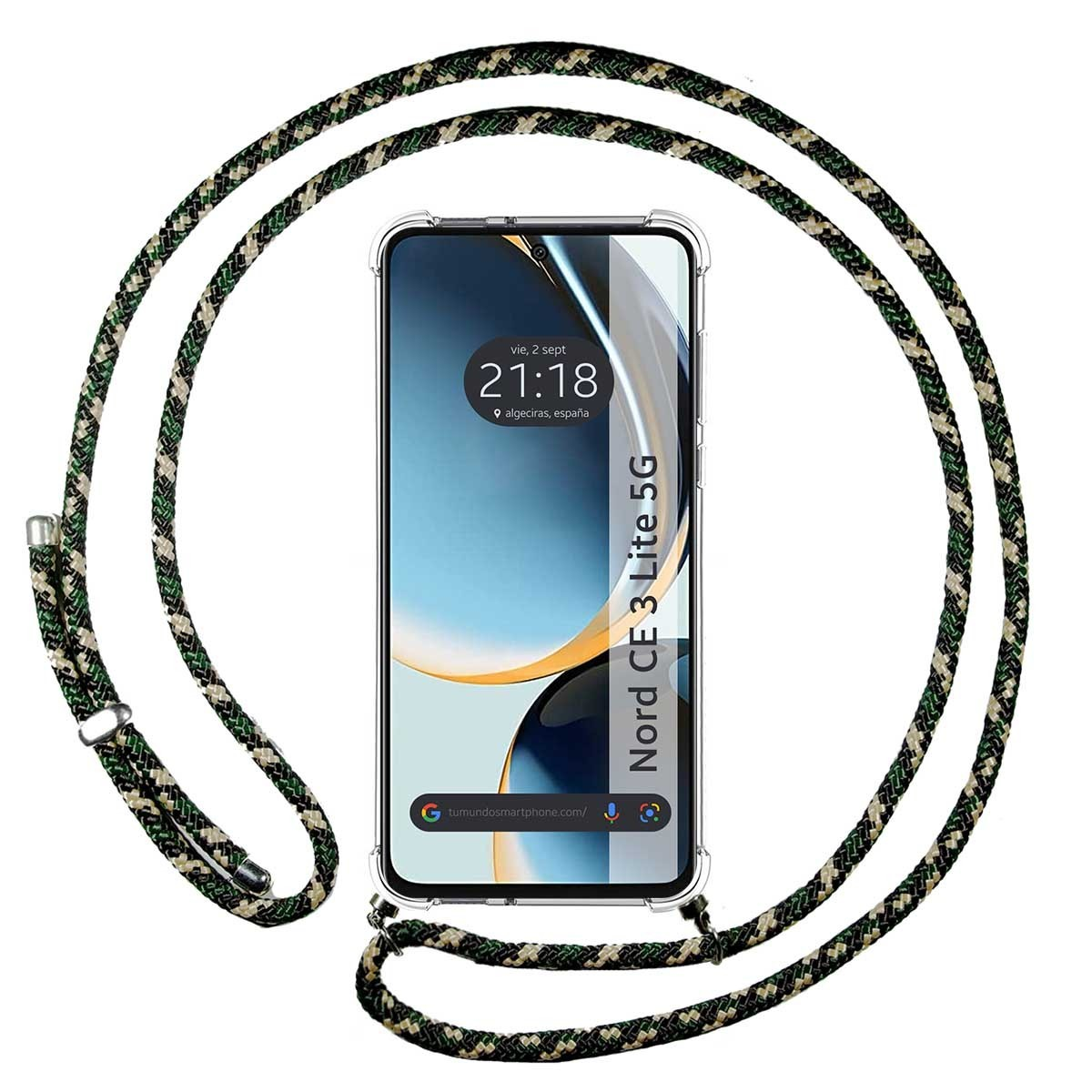 Telefono con cinturino verde mimetico e nero. Lo schermo mostra ora e posizione.