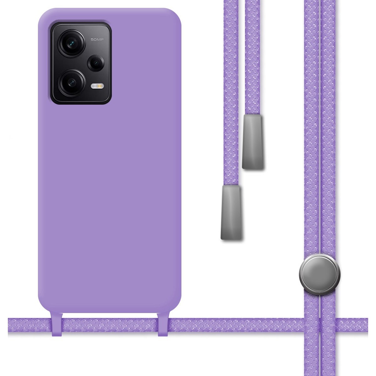 Custodia per telefono lilla con cordino. Il telefono ha una fotocamera. Il cordino ha dettagli grigi.