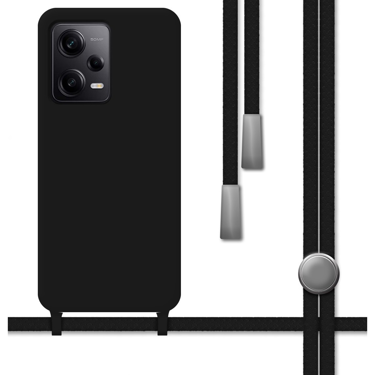 Custodia nera per telefono con cinturino e bottone. Il telefono ha una fotocamera e il cinturino è nero.
