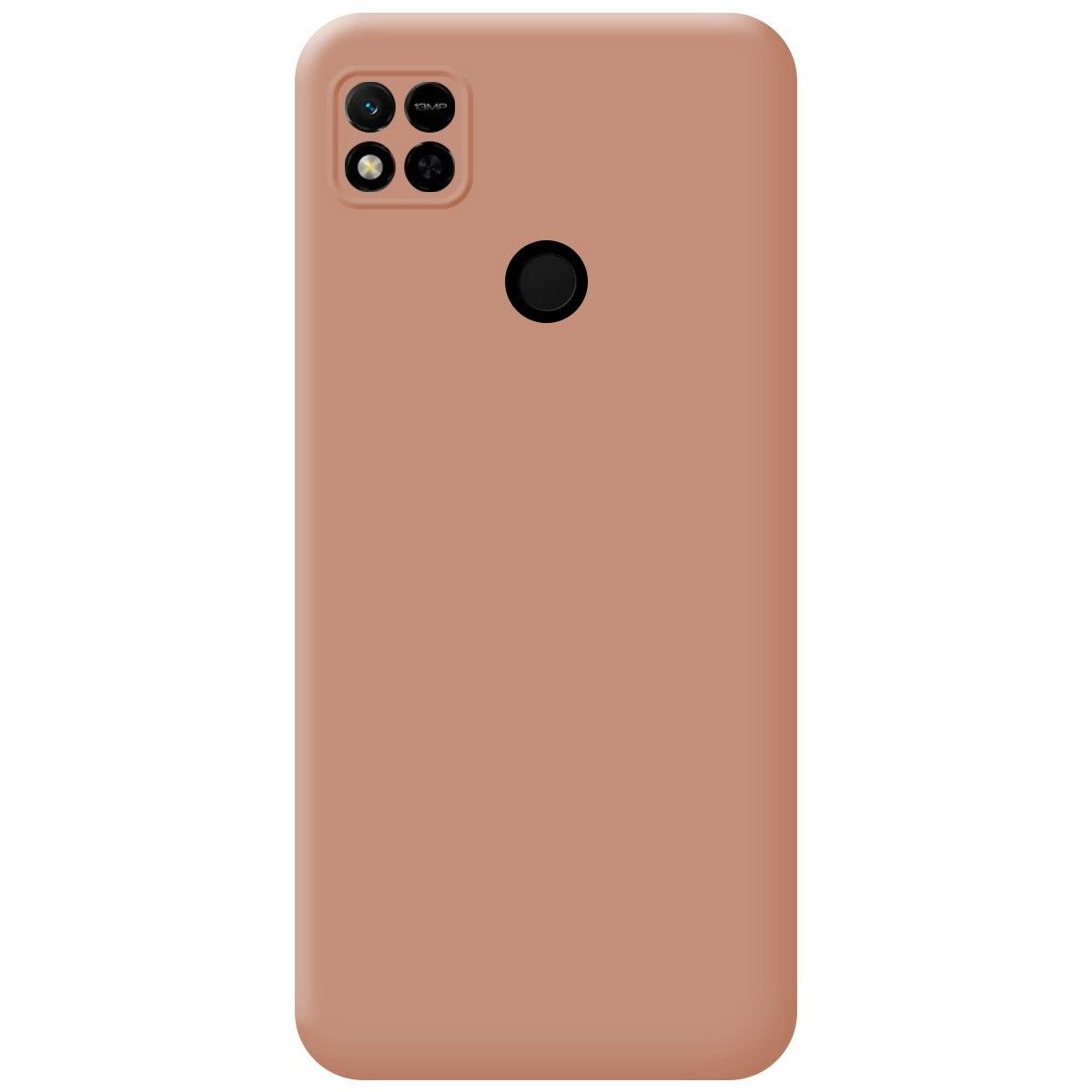 Custodia per telefono marrone tinta unita. Ha una fotocamera e un sensore di impronte digitali.