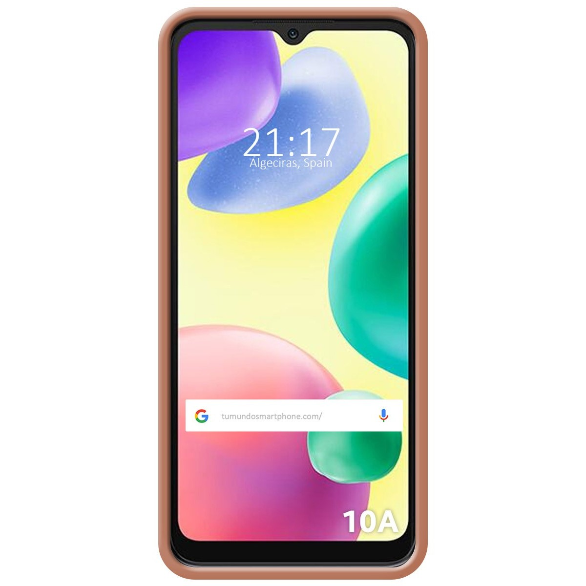 Smartphone su sfondo giallo, mostra l'ora 21:17, con forme colorate e testo.