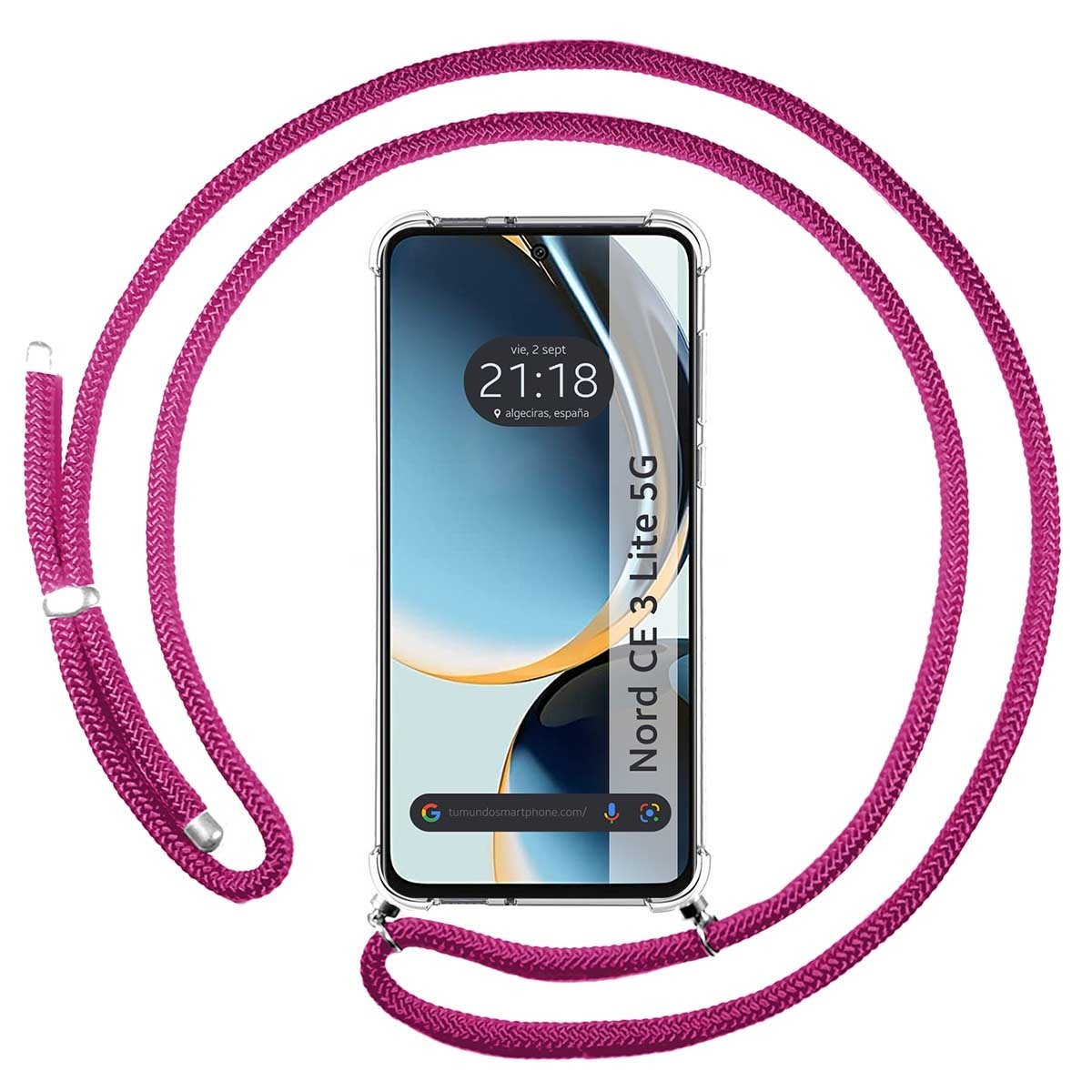 Telefono con cordino rosa. Il telefono è in una custodia trasparente. Lo schermo è acceso.