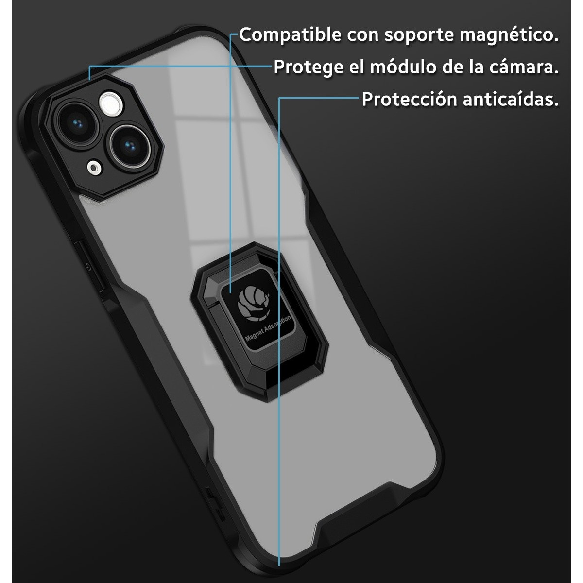 Custodia per telefono con un design nero e grigio con testo.