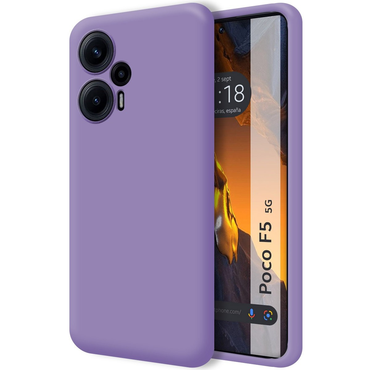 Custodia per telefono viola con un telefono. Il telefono è viola. Lo schermo mostra la data e l'ora.