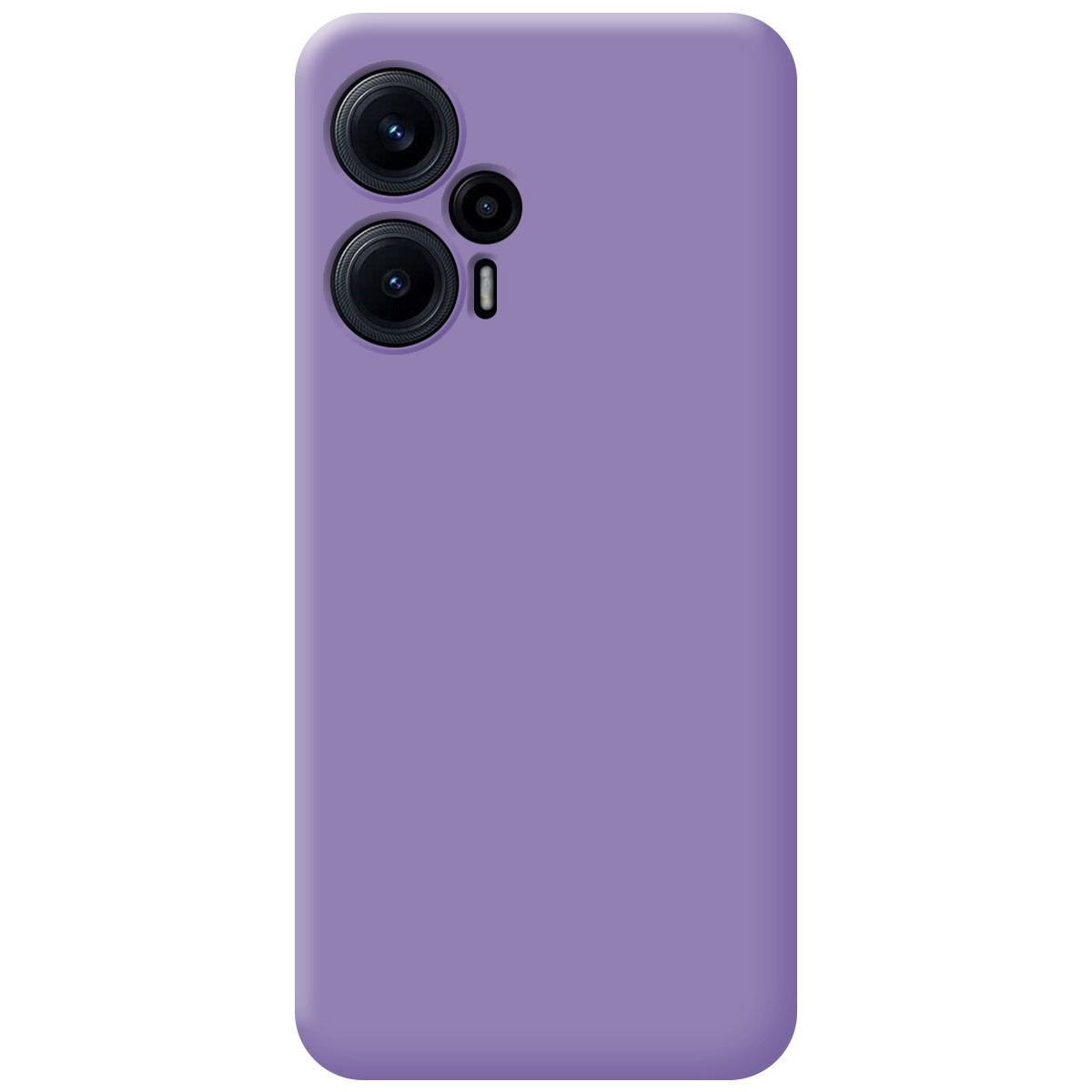 Una custodia per telefono viola, con una configurazione a tripla fotocamera e un flash. La custodia ha un colore liscio e uniforme.