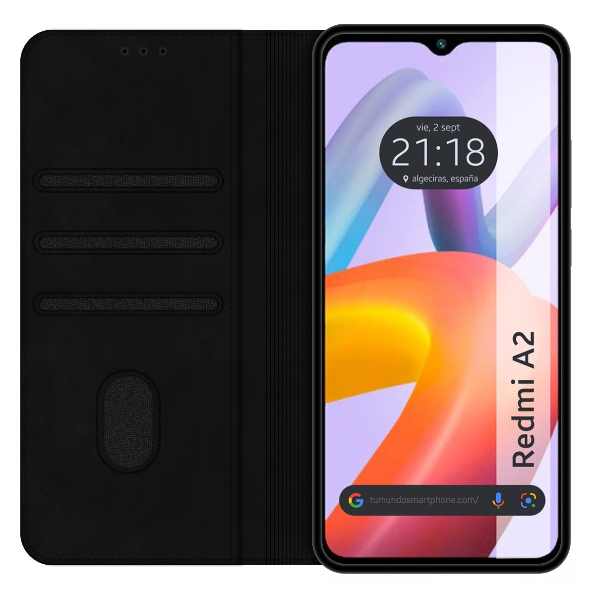 Custodia nera aperta per rivelare un telefono. Il telefono mostra uno schermo con testo e uno sfondo colorato.