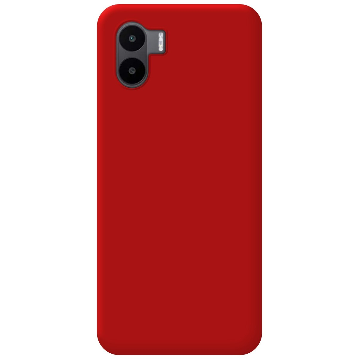 Custodia rossa e un telefono. Il design è essenziale e semplice, enfatizzando le fotocamere.