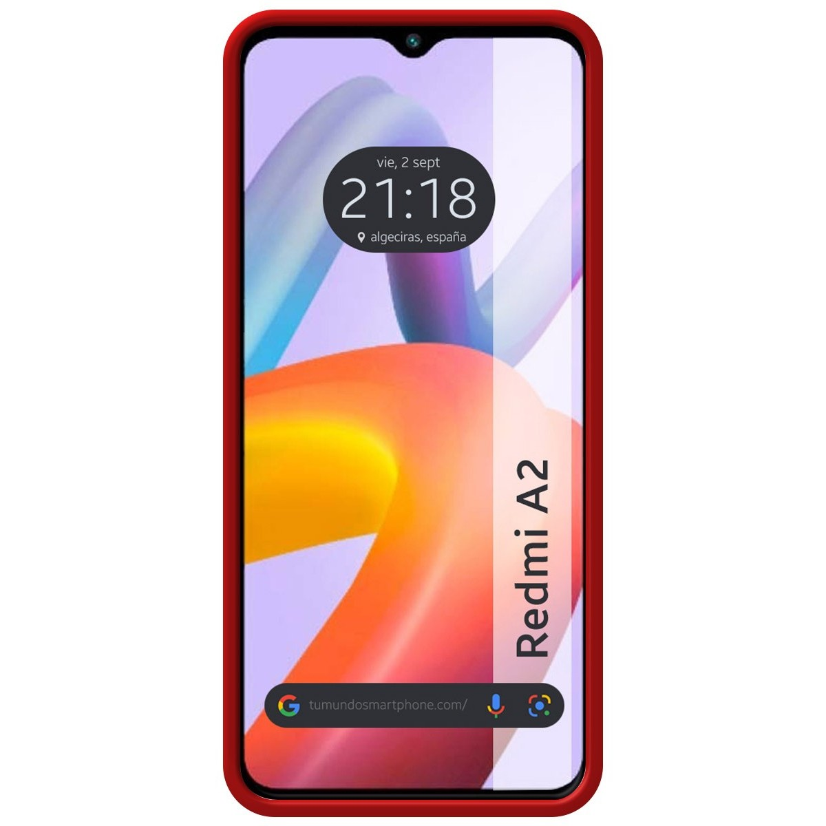 Custodia rossa per telefono con telefono che mostra data e ora e sfondo colorato.