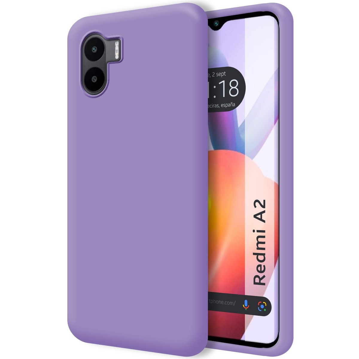 Custodia viola e un telefono. Il telefono mostra il testo 'Redmi A2' sullo schermo.