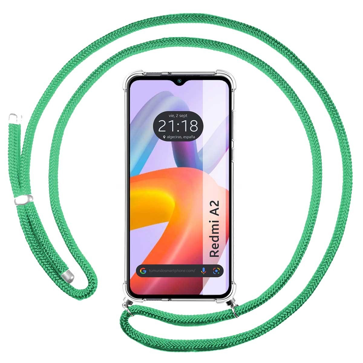 Una custodia trasparente con cordino verde, mostra un telefono con l'ora 21:18.