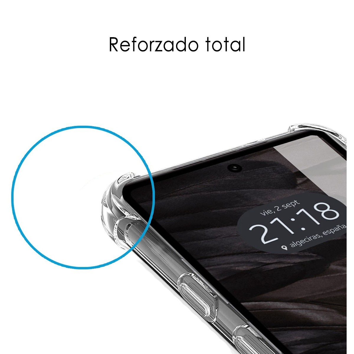 Primer plano de una funda de teléfono con borde transparente, con la pantalla del teléfono visible.
