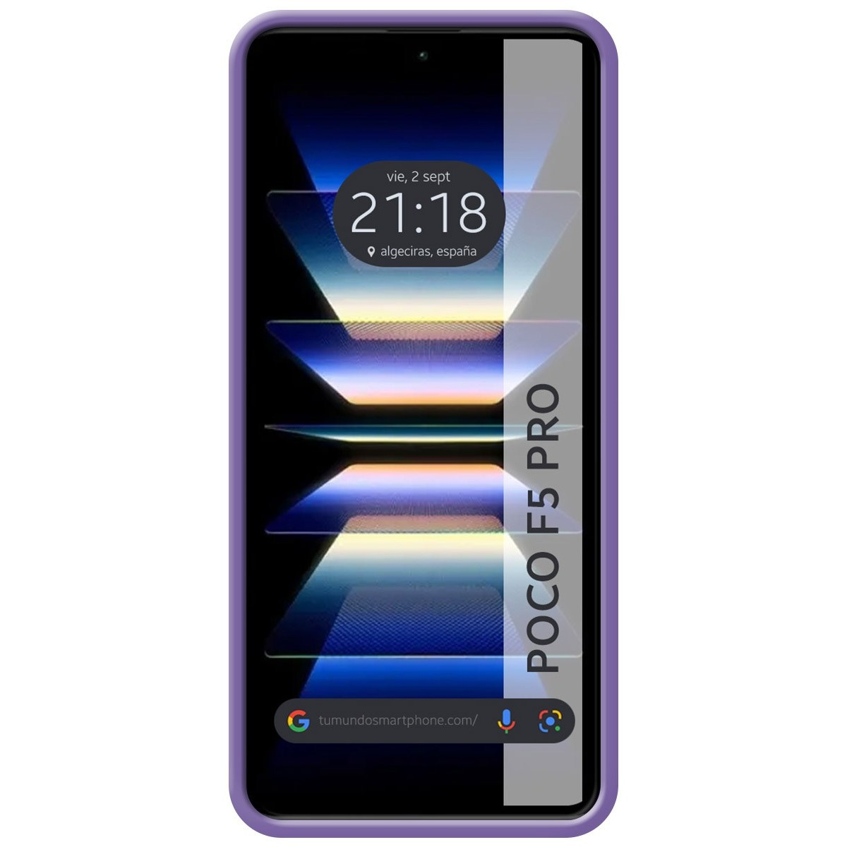 Custodia per telefono di colore viola. Lo schermo mostra l'ora e il luogo. Lo sfondo è viola.
