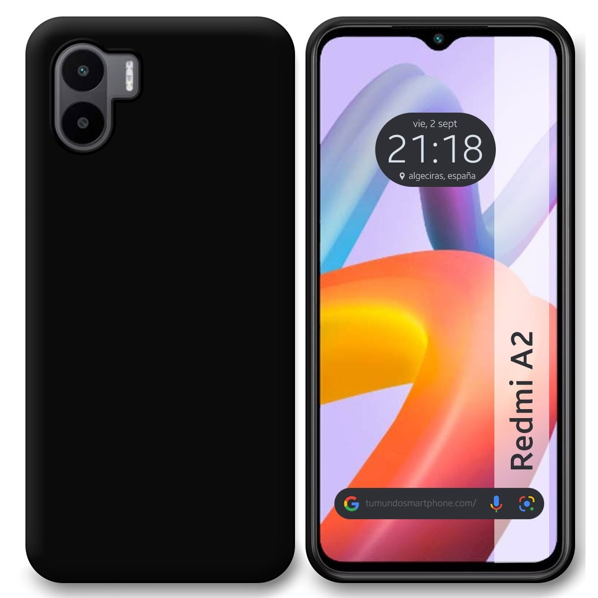 Funda negra y pantalla que muestra hora, ubicación y arte abstracto naranja-azul.