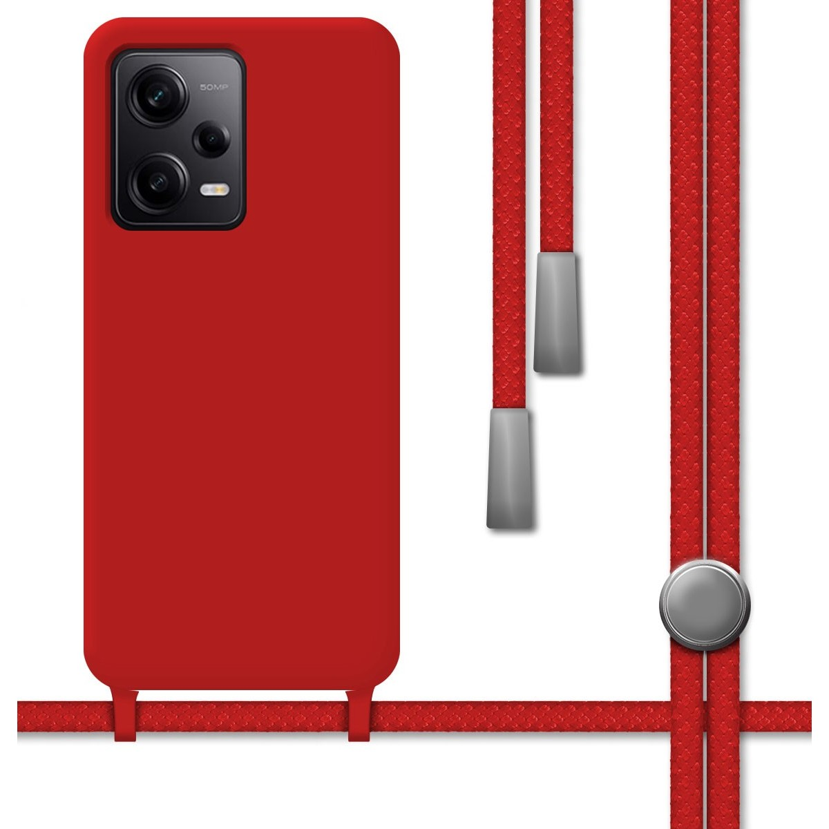 Custodia per telefono rossa con due obiettivi e cordino rosso con dettagli argentati.