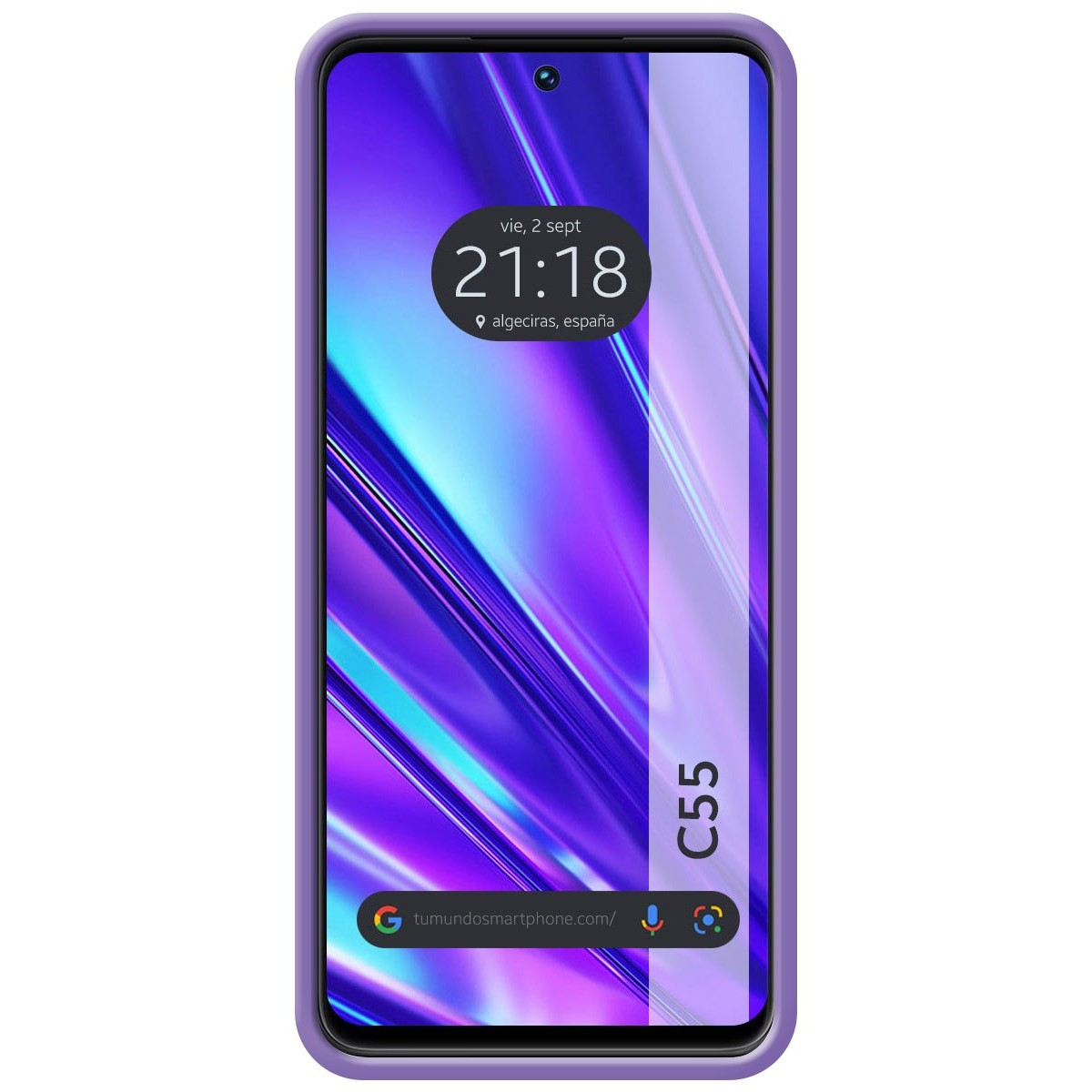 Funda con marco morado y pantalla que muestra la hora y la ubicación.