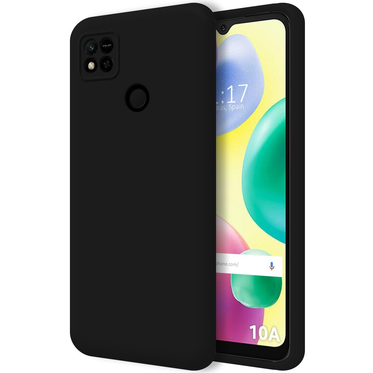 Custodia nera con un telefono all'interno. Lo schermo del telefono ha uno sfondo colorato e l'ora.