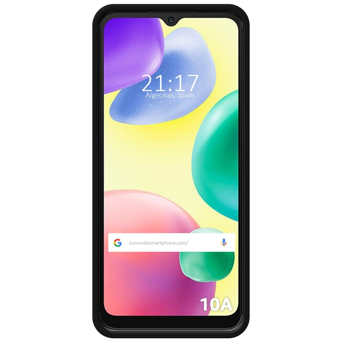 Smartphone che mostra ora e data, con forme colorate e pulsanti del menu.