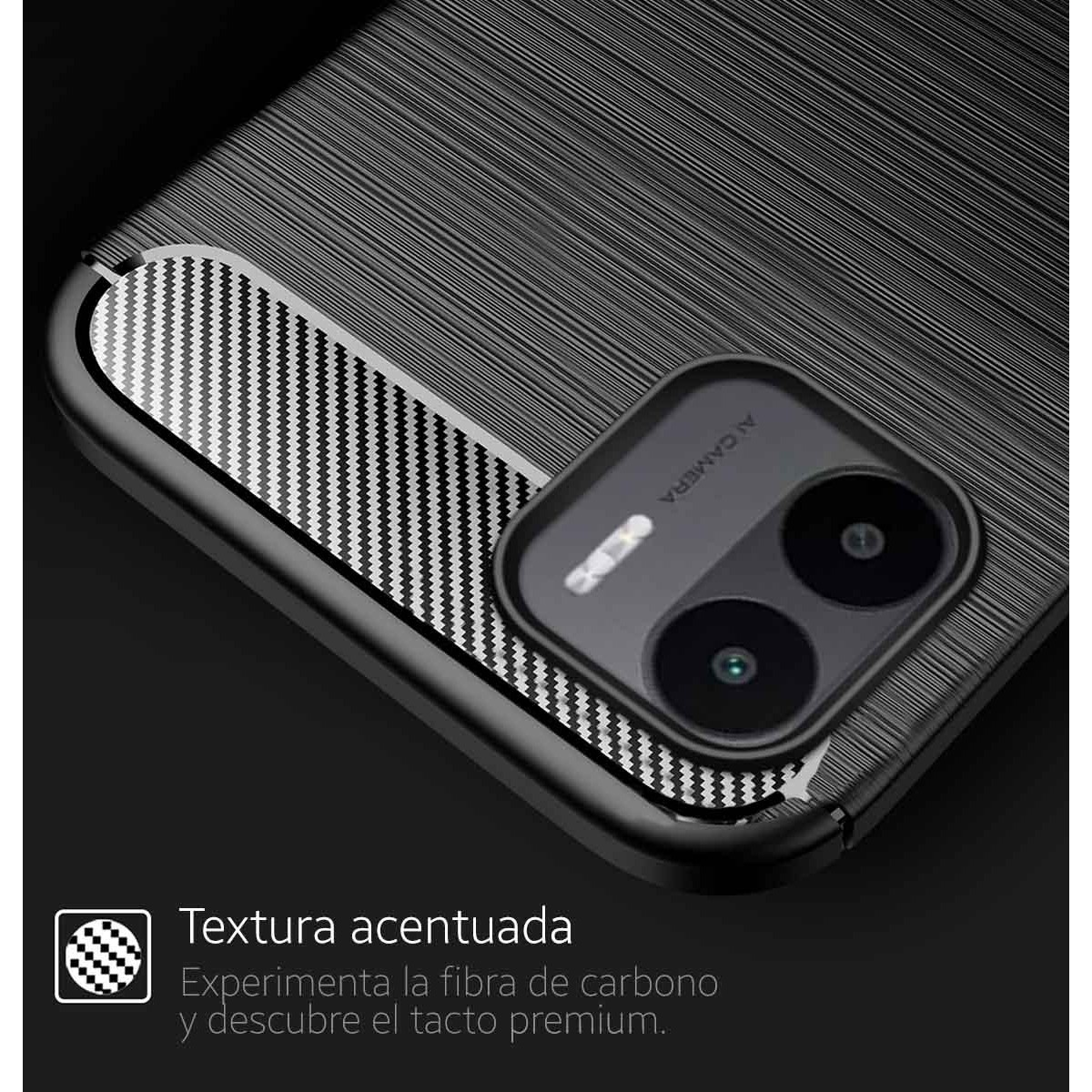 Custodia del telefono con un motivo in fibra di carbonio. Il telefono ha un rilievo della fotocamera.