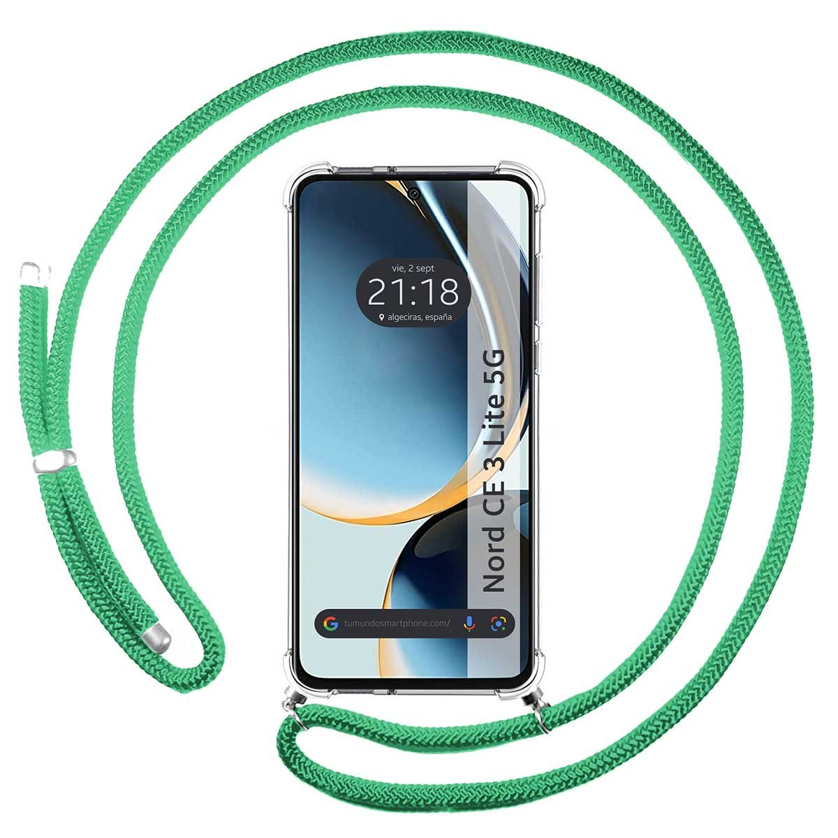 Laccetto verde e smartphone con l'ora e il modello del telefono.