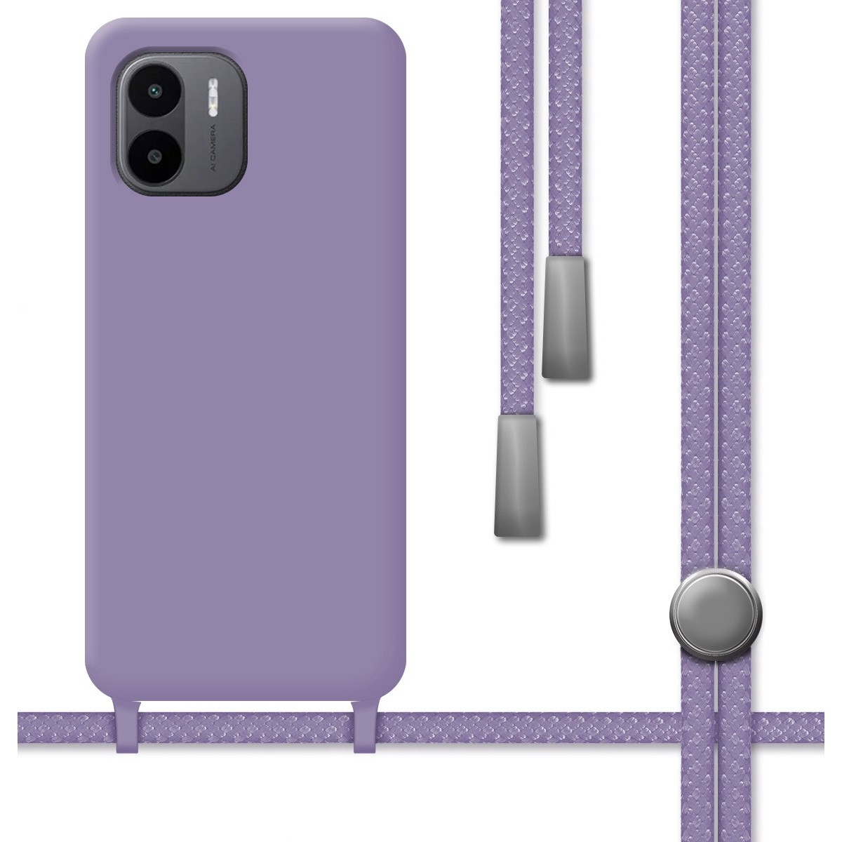 Custodia per telefono viola con cordino attaccato. Chiusure argentate visibili.