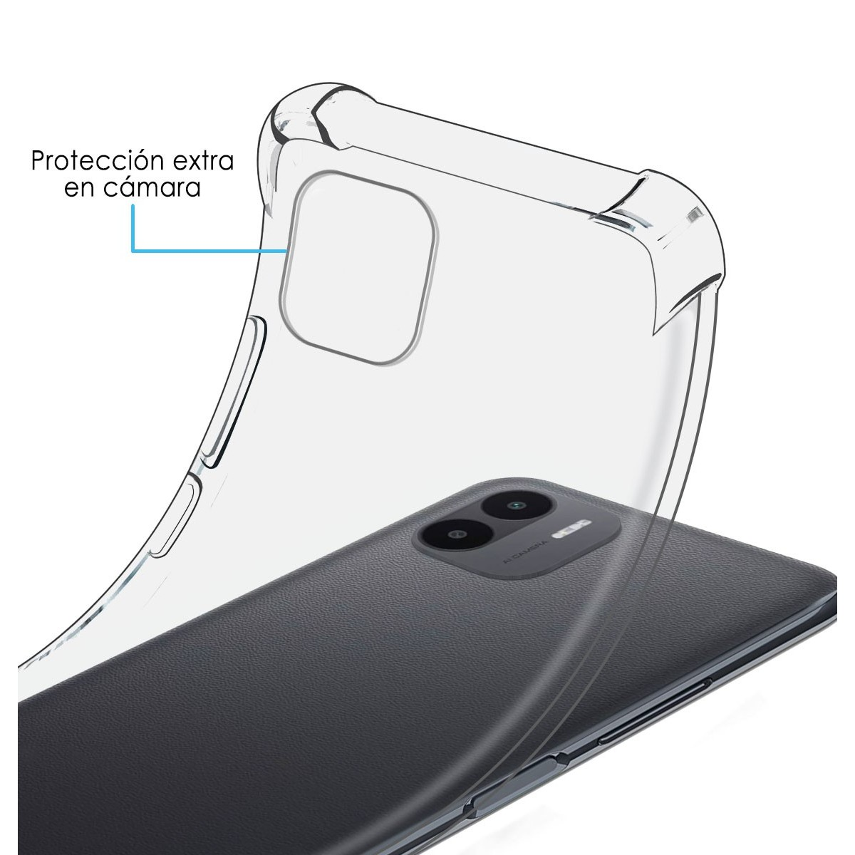 Custodia per telefono trasparente, telefono con fotocamera posteriore. Testo "Protección extra en cámara".
