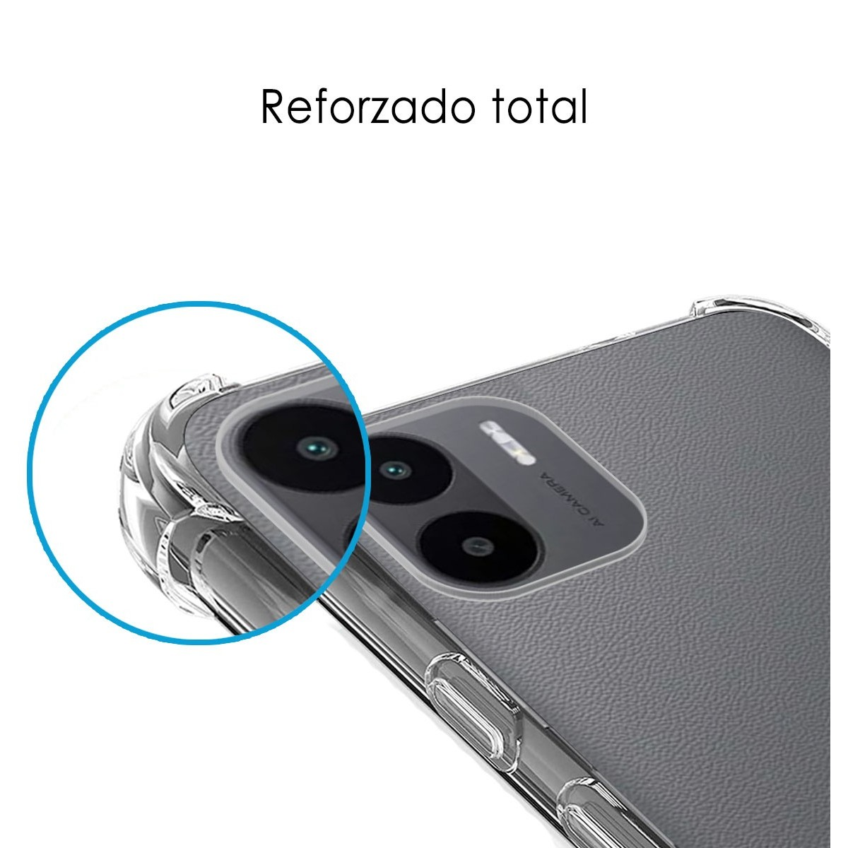 Dettaglio fotocamera del telefono, custodia trasparente, rinforzata.