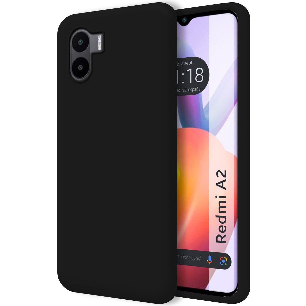 Custodia per telefono nera e un telefono Redmi A2. Lo schermo mostra ora e sfondo bianco.
