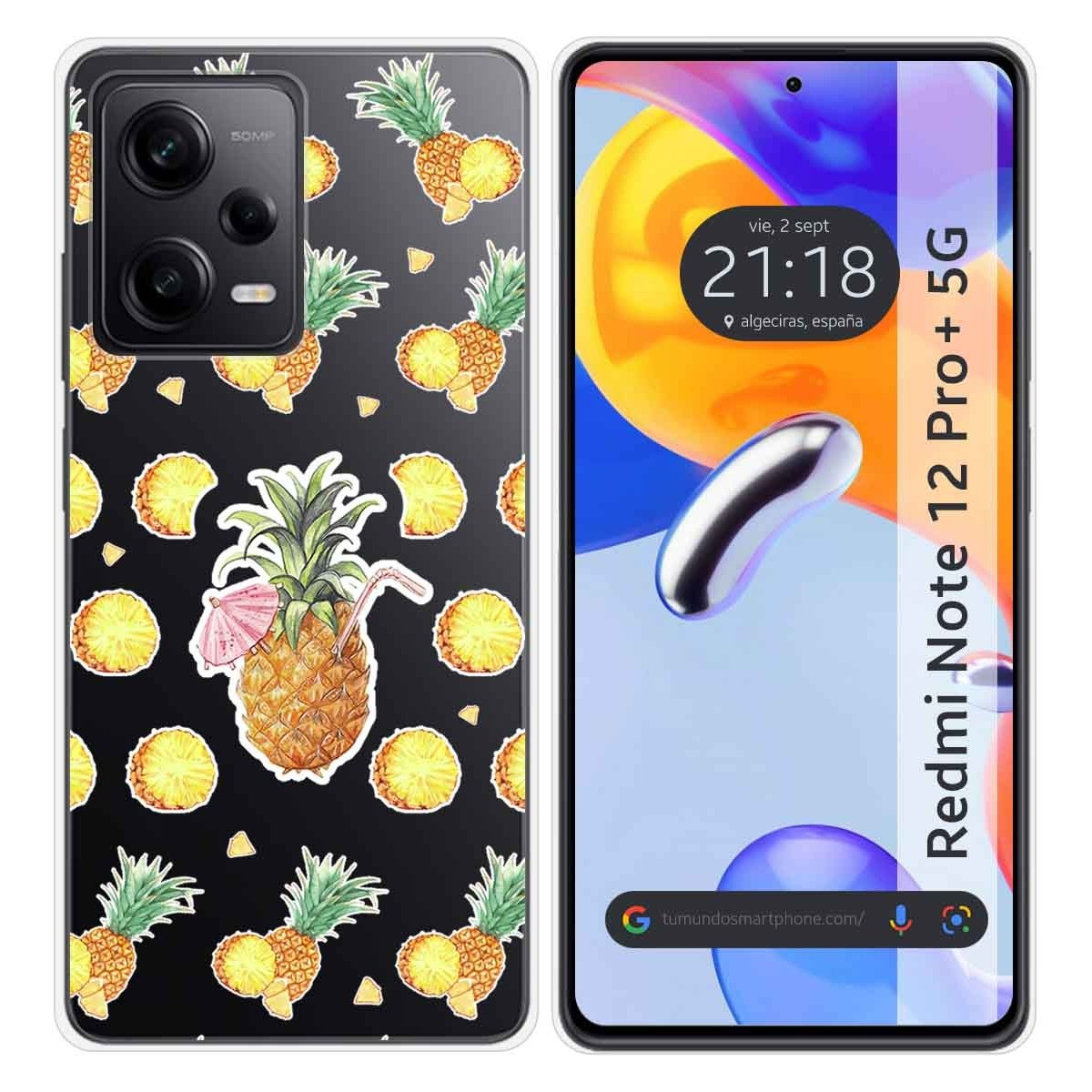 Funda de teléfono negra con diseño de piña. La pantalla muestra la hora y el texto "Redmi Note 12 Pro+ 5G".