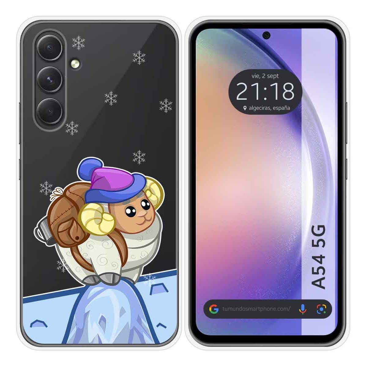 Funda con caricatura de oveja en nieve. Pantalla muestra hora y ubicación.