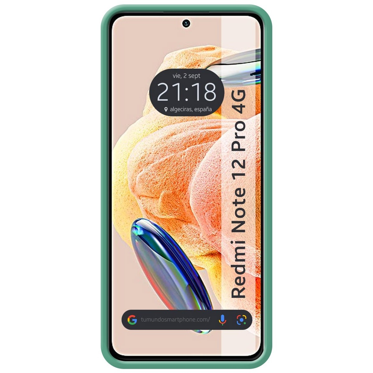 Telefono con custodia verde e telefono che mostra ora e posizione.
