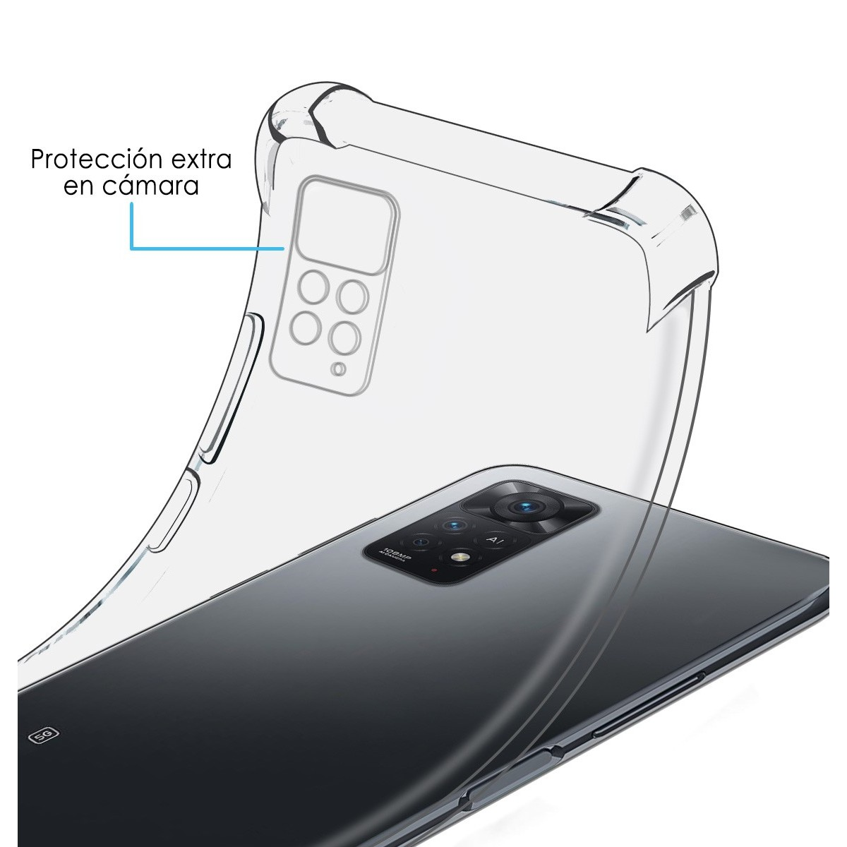 Una funda transparente con un teléfono dentro. El texto dice, protección extra para la cámara.