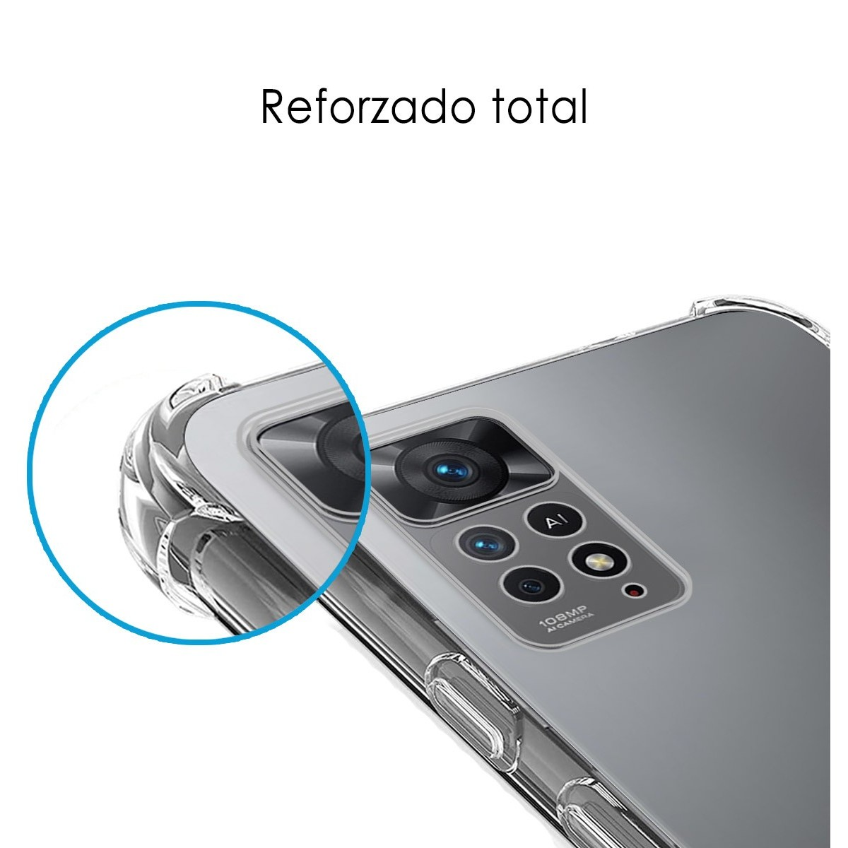 Funda de teléfono con lente de cámara y las palabras 'Reforzado total'.