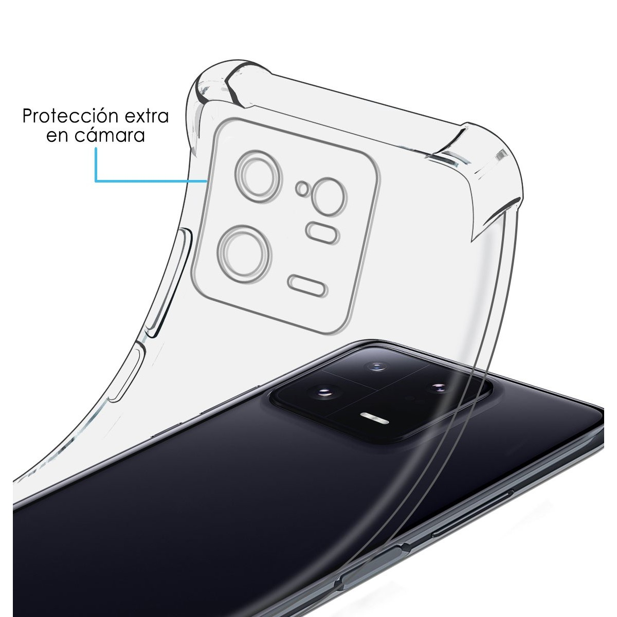 Una custodia trasparente che protegge un telefono con gli obiettivi della fotocamera visibili.