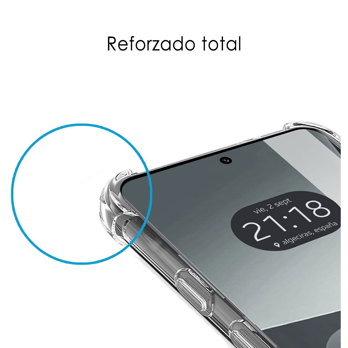 Un telefono e una custodia in primo piano. Lo schermo mostra data e ora.