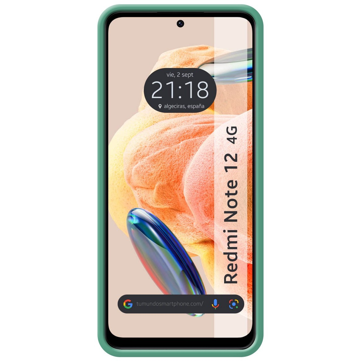 Telefono con custodia verde. Lo schermo mostra ora e luogo.