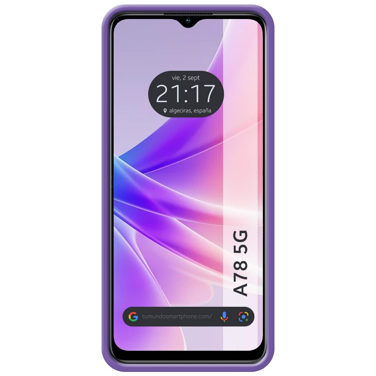 Telefono viola con schermo bianco che mostra ora e data. Sfondo bianco.