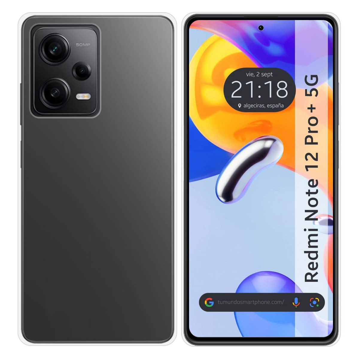 Custodia per telefono con design nero. Il telefono visualizza ora e posizione sullo schermo.