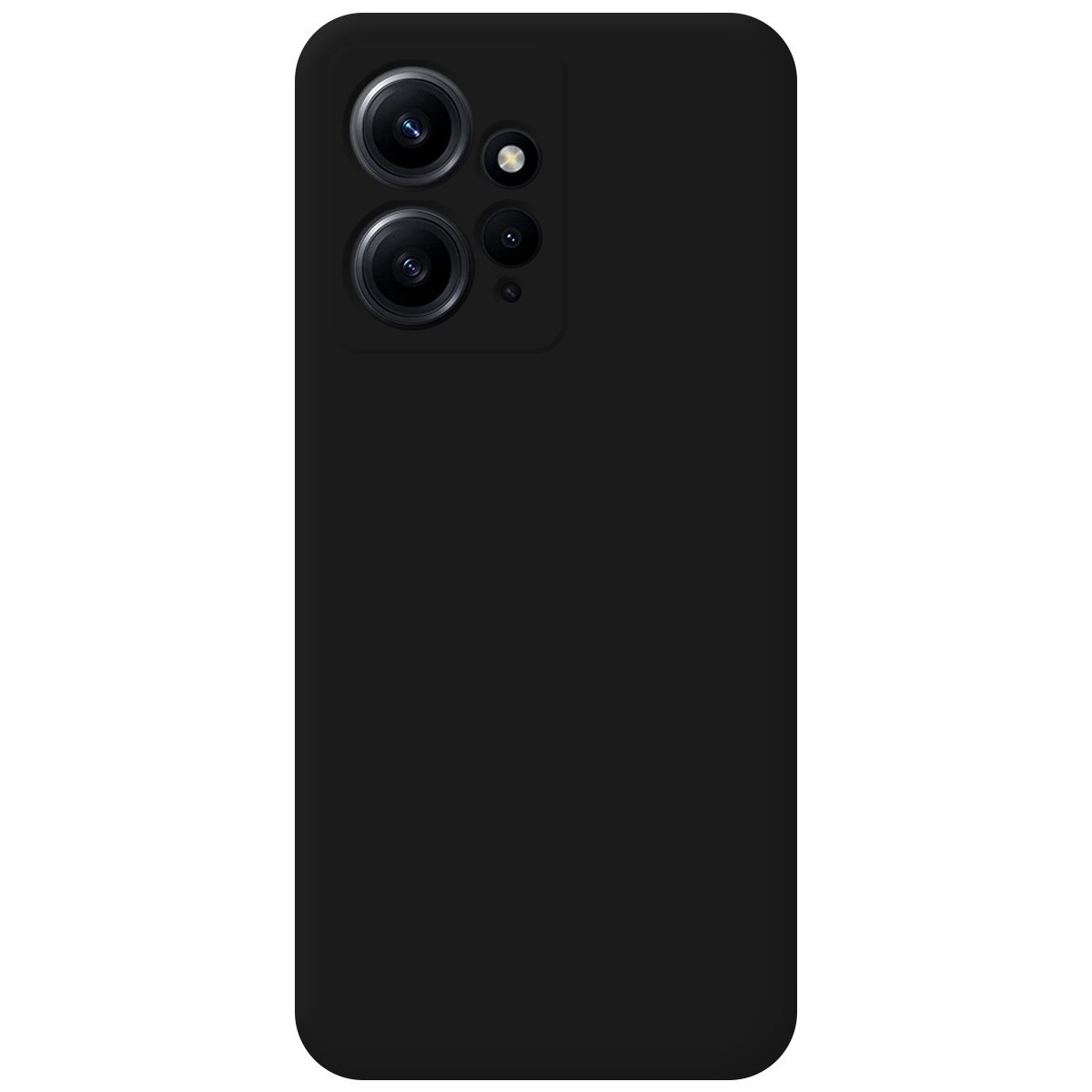 Custodia per telefono nera con obiettivi della fotocamera. La custodia è nera semplice e ha una superficie liscia.