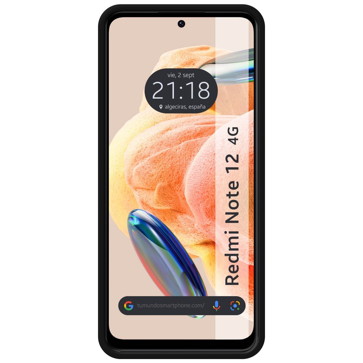 Telefono con custodia nera. Lo schermo mostra l'ora e il luogo. È un Redmi Note 12 4G.