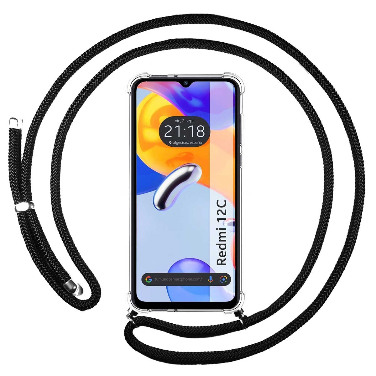 Telefono con corda nera. Il telefono mostra ora e luogo con sfondo chiaro.