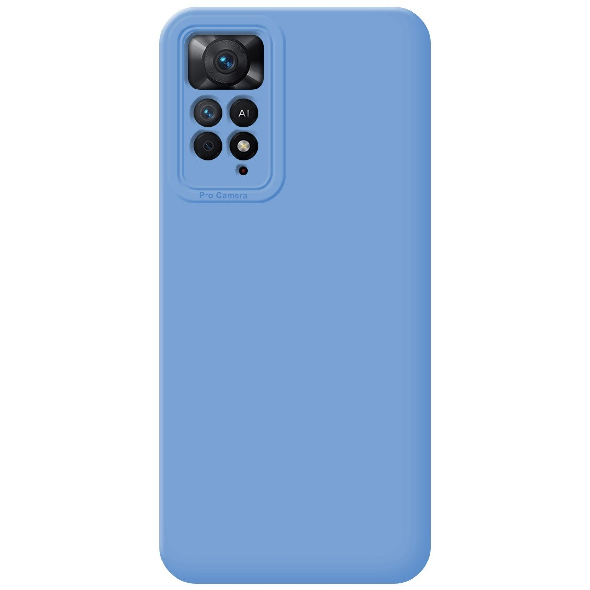 Custodia per telefono azzurra con modulo fotocamera. La custodia è semplice.