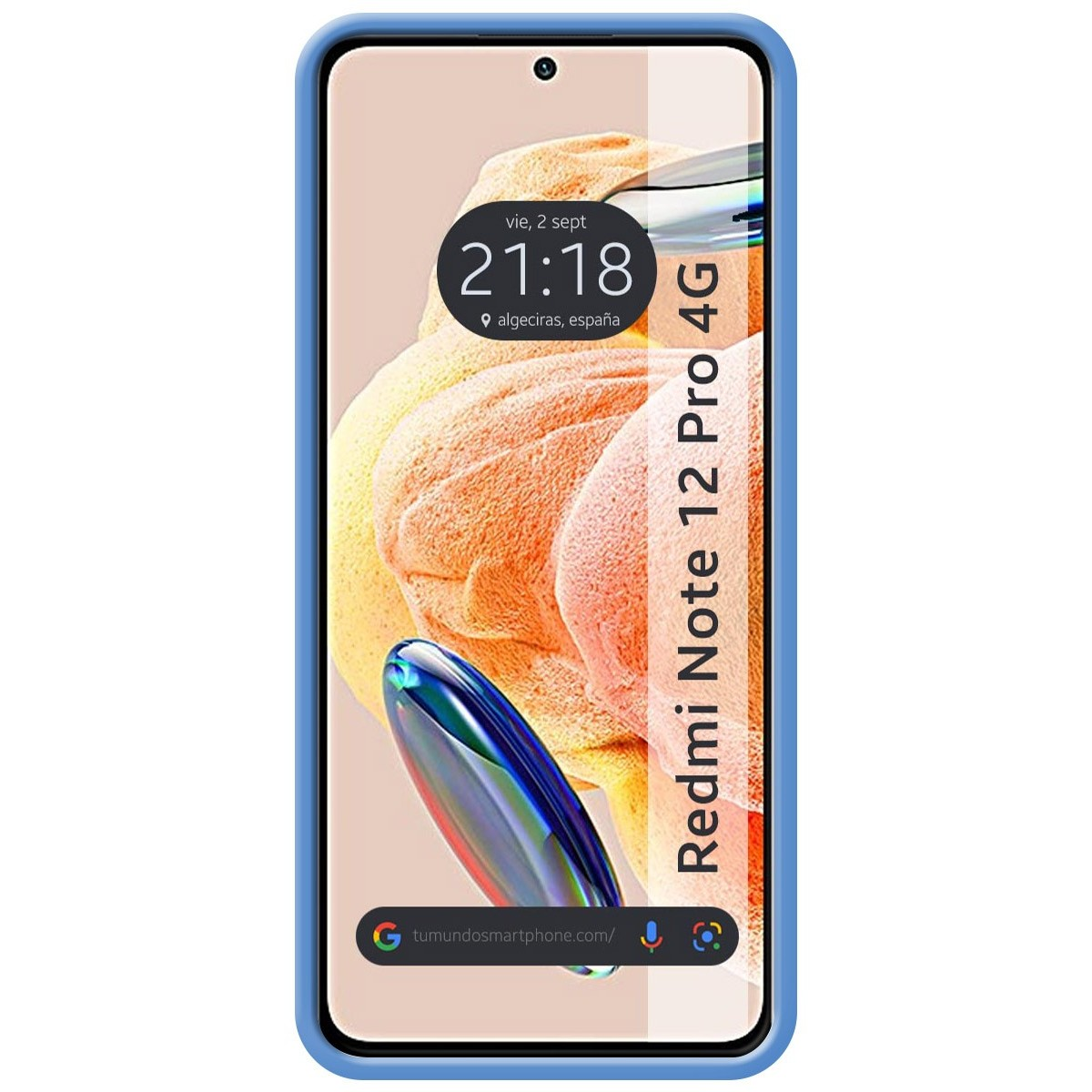 Custodia per telefono e schermo del telefono che mostra ora, data ed etichetta Redmi Note 12 Pro 4G.