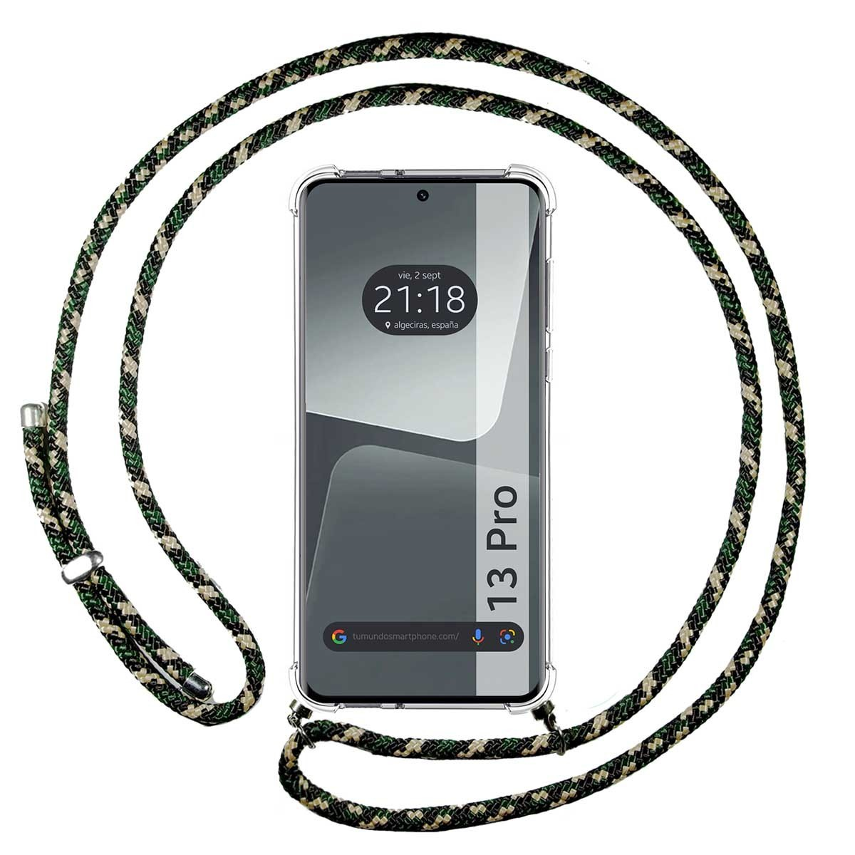 Smartphone con cinturino mimetico, mostra orologio e indirizzo web.