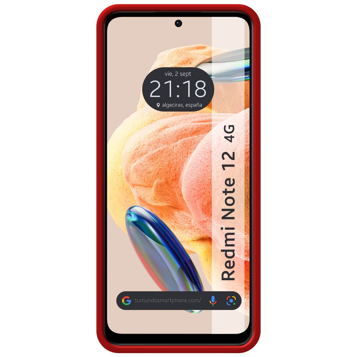 Custodia per telefono rossa con un telefono che mostra ora, data e il modello di telefono Redmi Note 12 4G.