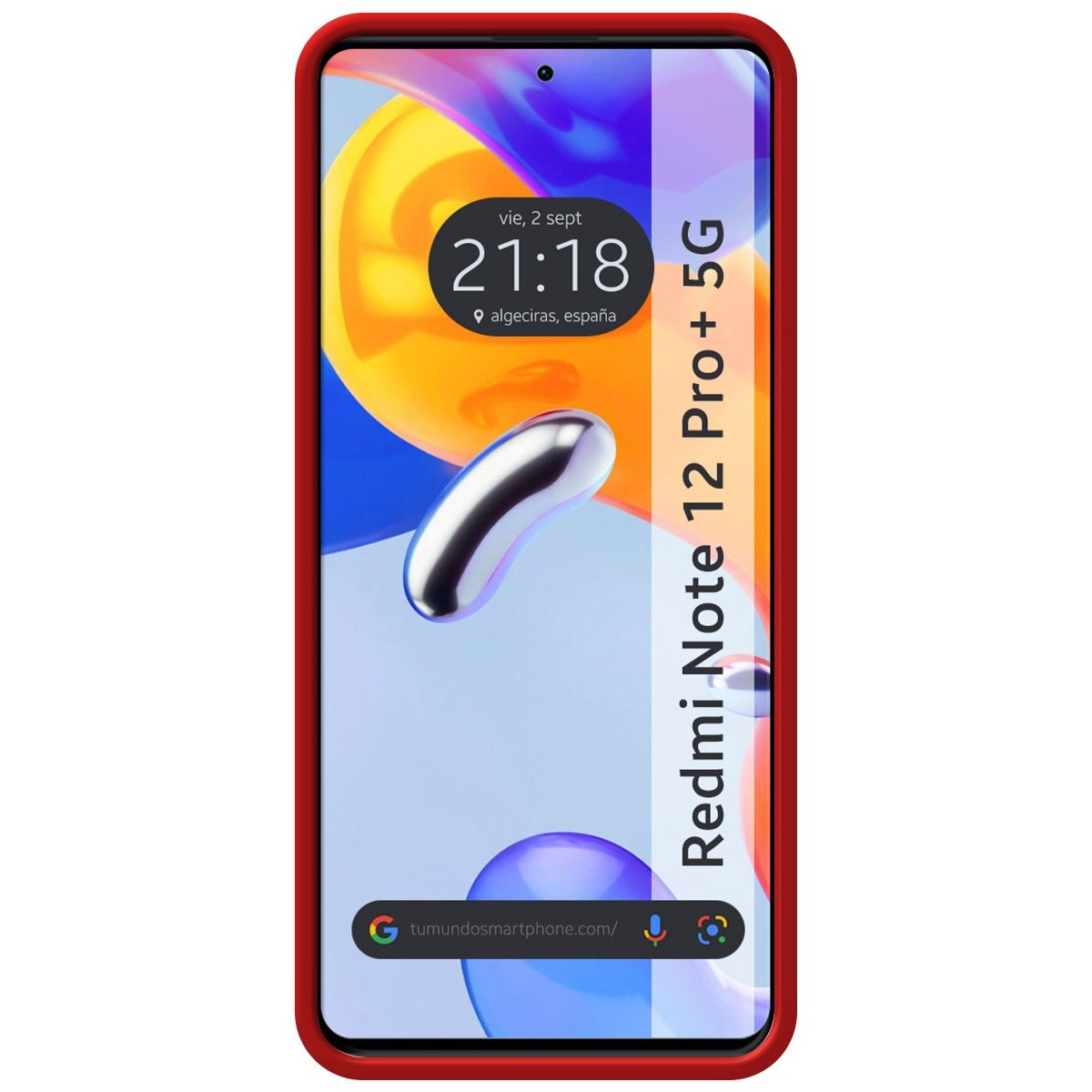 Custodia rossa con cornice rossa. Lo schermo mostra l'ora e Redmi Note 12 Pro+ 5G.